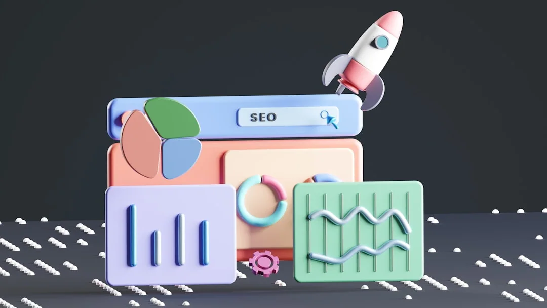 Gráfico SEO 3D con cohete, estadísticas y lupa. Marketing digital local en España.