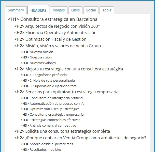 Código HTML con etiquetas de encabezados y estructura web
