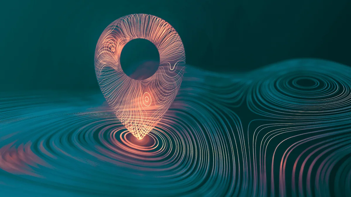 Signo de interrogación digital sobre ondas de datos generativos